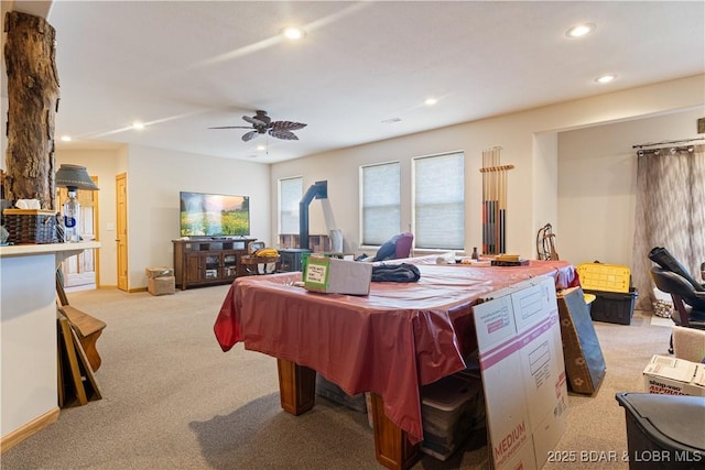 22714 Lake Ridge Dr, Warsaw, MO 65355 - recreation room featuring light colored carpet, recessed lighting, and ceiling fan