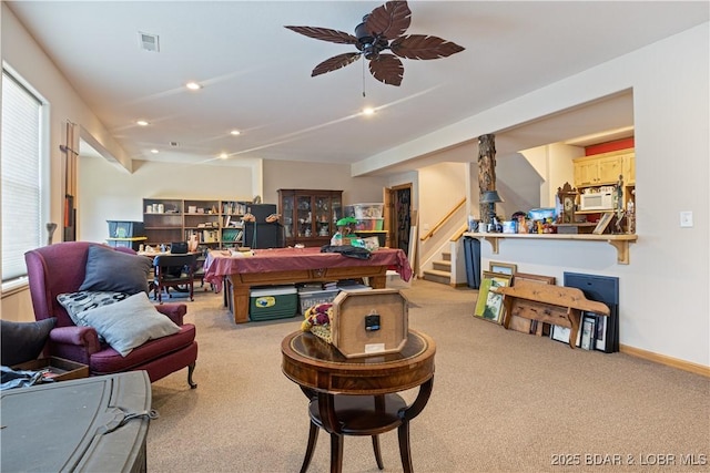 22714 Lake Ridge Dr, Warsaw, MO 65355 - playroom featuring carpet floors, pool table, ceiling fan, and recessed lighting