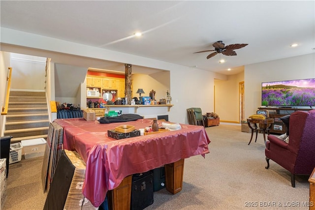 22714 Lake Ridge Dr, Warsaw, MO 65355 - playroom with light carpet, a ceiling fan, recessed lighting, and billiards