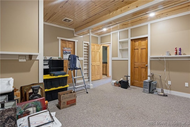 22714 Lake Ridge Dr, Warsaw, MO 65355 - miscellaneous room featuring carpet floors, wooden ceiling, and ornamental molding