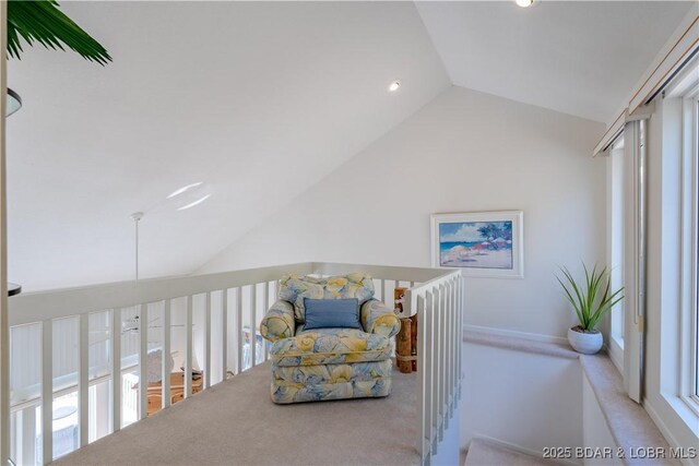sitting room featuring lofted ceiling, carpet flooring, and recessed lighting
