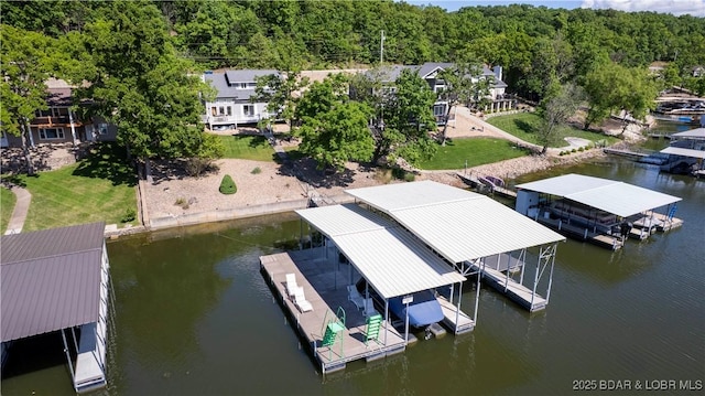 drone / aerial view of a large body of water and a forest