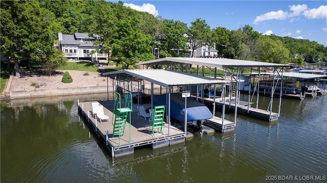 dock with boat lift, a water view, and a forest view