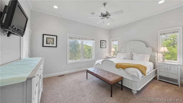 carpeted bedroom with baseboards, recessed lighting, crown molding, and ceiling fan
