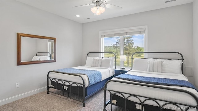 bedroom featuring carpet floors, baseboards, a ceiling fan, and recessed lighting