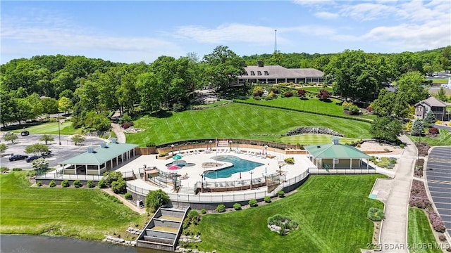 drone / aerial view of a pool area