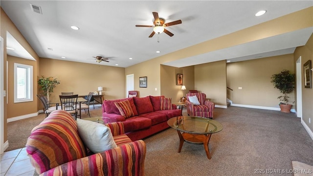 carpeted living room with a ceiling fan, stairway, recessed lighting, and baseboards