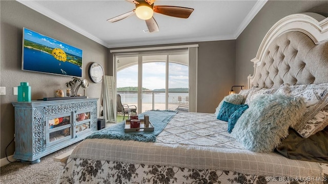 carpeted bedroom with access to exterior, crown molding, and ceiling fan