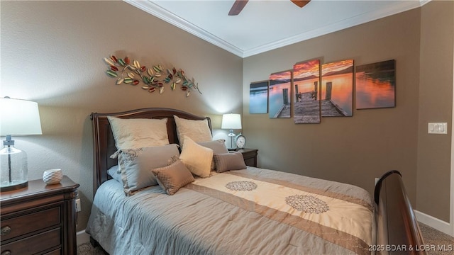 carpeted bedroom featuring ornamental molding, baseboards, and ceiling fan