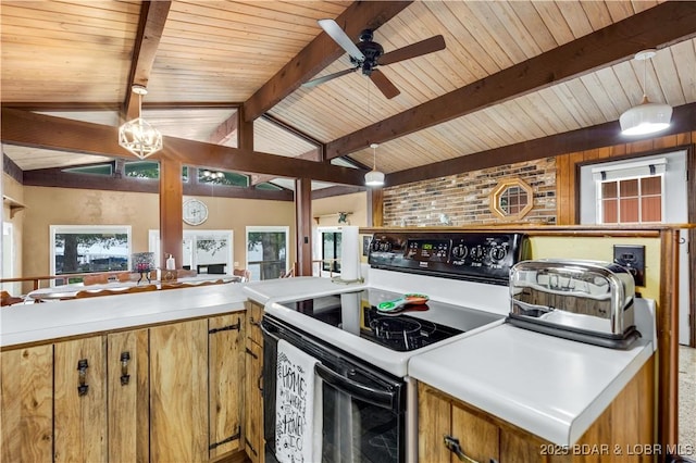 424 Bowers Dr, Camdenton, MO 65020 - kitchen with range with electric stovetop, wood ceiling, a ceiling fan, light countertops, and brown cabinets