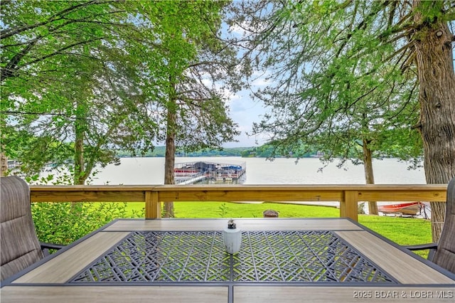 424 Bowers Dr, Camdenton, MO 65020 - wooden terrace featuring a water view and a lawn