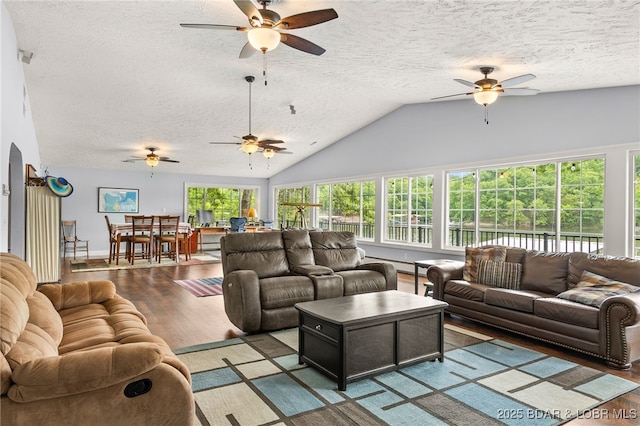 12 Mimosa Rd, Rocky Mount, MO 65072 - living area featuring ceiling fan, a textured ceiling, wood finished floors, lofted ceiling, and baseboards