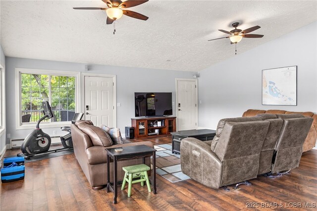 12 Mimosa Rd, Rocky Mount, MO 65072 - living area with a ceiling fan, wood finished floors, a textured ceiling, lofted ceiling, and a baseboard heating unit