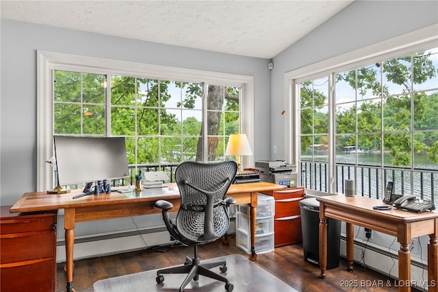 12 Mimosa Rd, Rocky Mount, MO 65072 - home office featuring a baseboard heating unit, dark wood-type flooring, a textured ceiling, and lofted ceiling