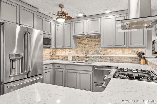 12 Mimosa Rd, Rocky Mount, MO 65072 - kitchen with appliances with stainless steel finishes, a sink, gray cabinets, extractor fan, and a textured ceiling
