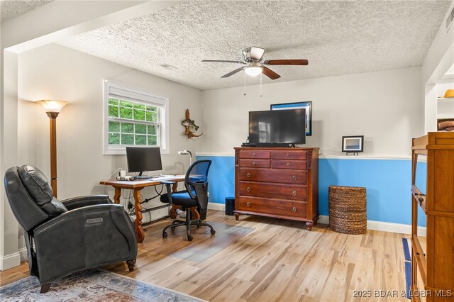 12 Mimosa Rd, Rocky Mount, MO 65072 - office space with a ceiling fan, wood finished floors, a textured ceiling, baseboards, and a baseboard radiator