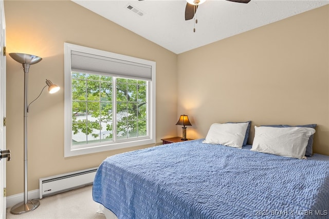 12 Mimosa Rd, Rocky Mount, MO 65072 - bedroom with a baseboard radiator, carpet flooring, lofted ceiling, baseboards, and ceiling fan