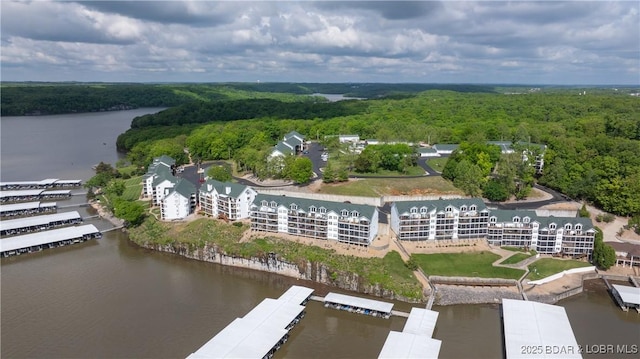 bird's eye view of a heavily wooded area and a nearby body of water