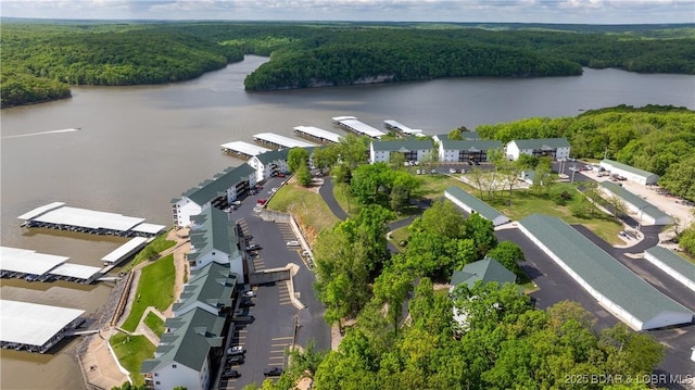 aerial view of a heavily wooded area and a large body of water