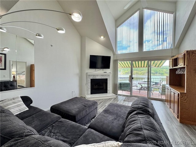 172 Cedar Glen Dr Unit 4B, Camdenton, MO 65020 - living area featuring high vaulted ceiling, light wood-style floors, and a fireplace