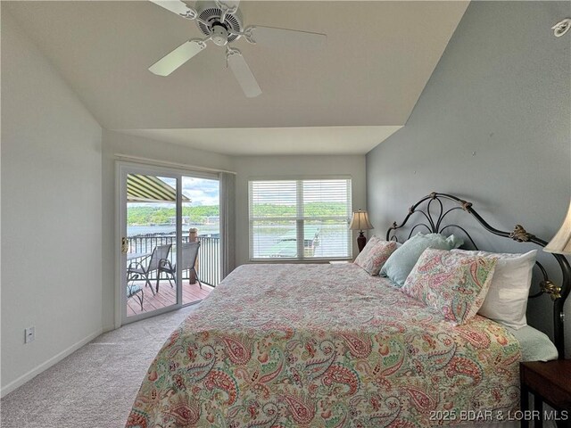 172 Cedar Glen Dr Unit 4B, Camdenton, MO 65020 - bedroom featuring access to outside, carpet, lofted ceiling, ceiling fan, and baseboards