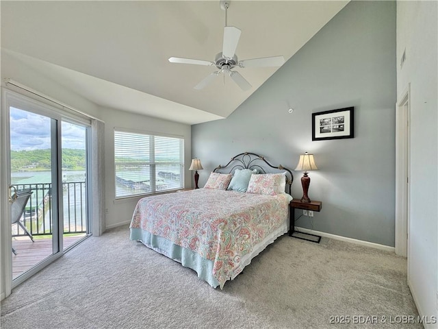 172 Cedar Glen Dr Unit 4B, Camdenton, MO 65020 - bedroom featuring access to exterior, carpet, baseboards, ceiling fan, and high vaulted ceiling