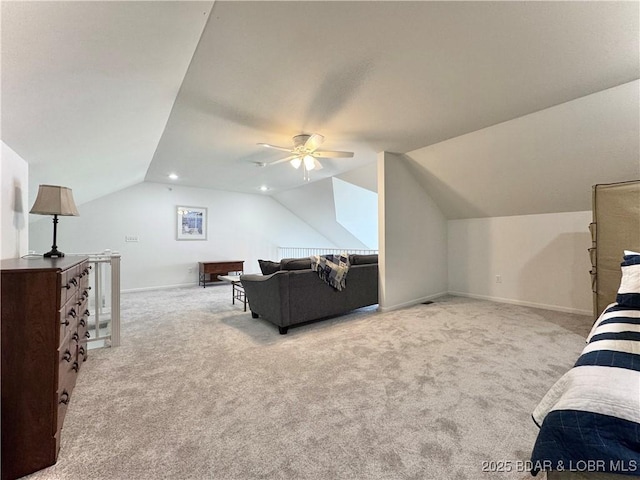 172 Cedar Glen Dr Unit 4B, Camdenton, MO 65020 - bedroom with carpet, vaulted ceiling, baseboards, and a ceiling fan