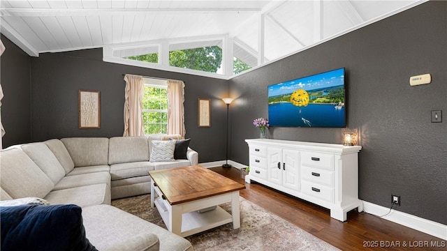 living room featuring dark wood finished floors, baseboards, a textured wall, and wooden ceiling