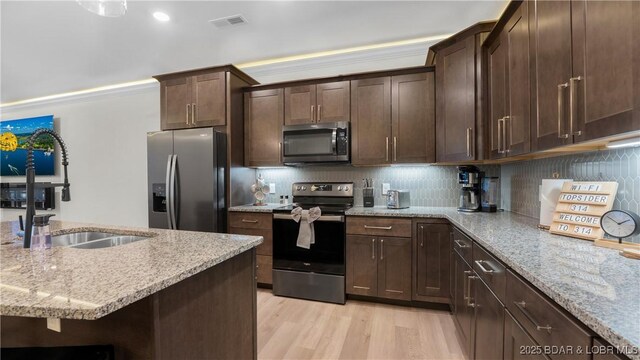 1045 Topsider Ln Unit 314, Osage Beach, MO 65065 - kitchen featuring stainless steel appliances, a sink, light stone countertops, light wood finished floors, and backsplash