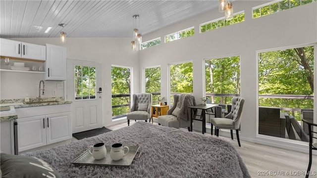 115 Hacksaw Ln, Camdenton, MO 65020 - interior space with a sink, light wood-style flooring, and a towering ceiling
