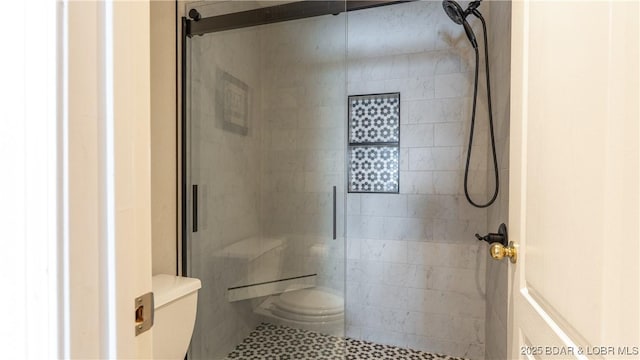 bathroom with toilet and a shower stall
