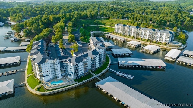 bird's eye view of a forest, a large body of water, and apartment complex