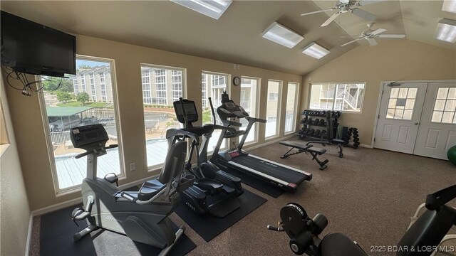 18130 Millstone Cove Rd Unit 447, Gravois Mills, MO 65037 - gym featuring ceiling fan, lofted ceiling, and baseboards
