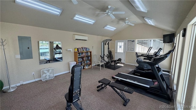 18130 Millstone Cove Rd Unit 447, Gravois Mills, MO 65037 - exercise room with electric panel, a wall mounted AC, vaulted ceiling, a ceiling fan, and carpet flooring