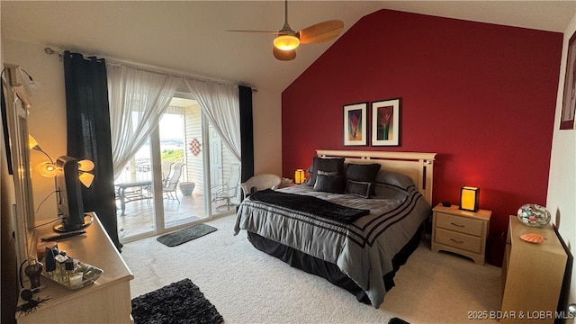 18130 Millstone Cove Rd Unit 447, Gravois Mills, MO 65037 - bedroom featuring vaulted ceiling, access to exterior, carpet flooring, and a ceiling fan