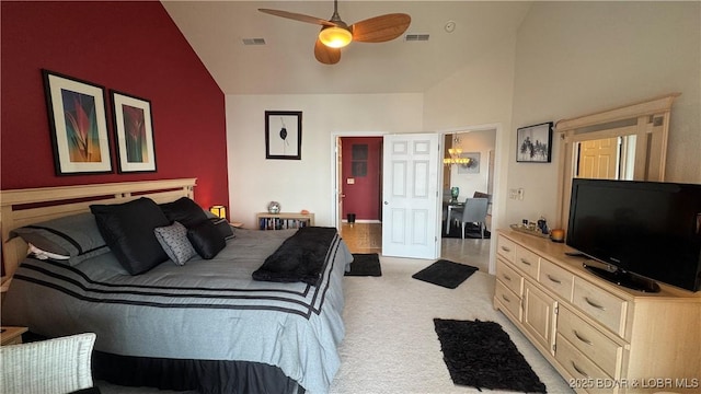 18130 Millstone Cove Rd Unit 447, Gravois Mills, MO 65037 - carpeted bedroom with high vaulted ceiling, ceiling fan, and an office area