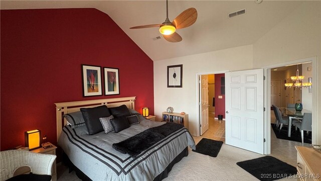18130 Millstone Cove Rd Unit 447, Gravois Mills, MO 65037 - bedroom featuring high vaulted ceiling, a chandelier, and ceiling fan