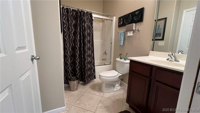 18130 Millstone Cove Rd Unit 447, Gravois Mills, MO 65037 - full bath with tile patterned floors, toilet, vanity, baseboards, and shower / bathtub combination with curtain
