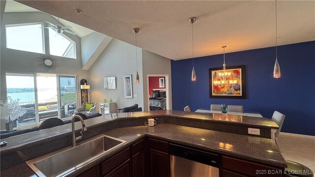 18130 Millstone Cove Rd Unit 447, Gravois Mills, MO 65037 - kitchen with a sink, dishwasher, open floor plan, dark brown cabinets, and high vaulted ceiling