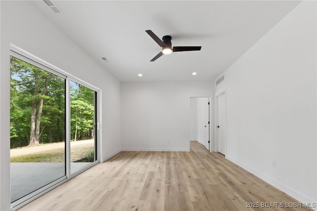 unfurnished room featuring light wood-style flooring, ceiling fan, baseboards, and recessed lighting