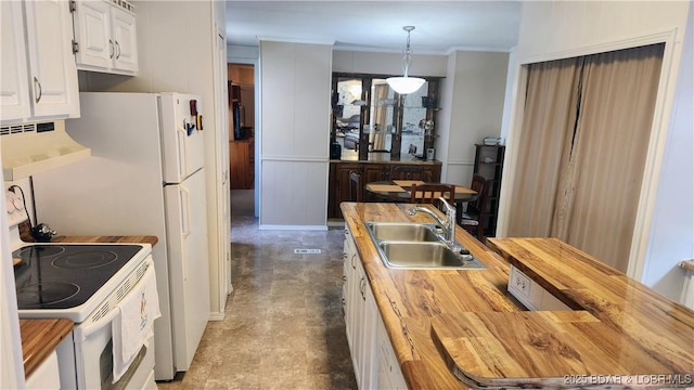 kitchen featuring wood counters, a sink, white electric range, white cabinetry, and ventilation hood