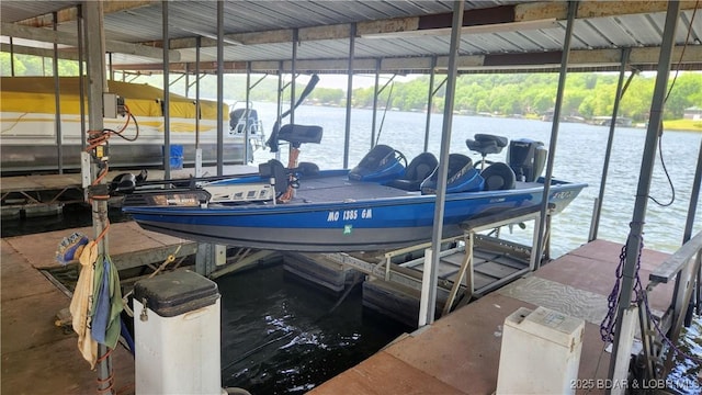 dock area with boat lift and a water view