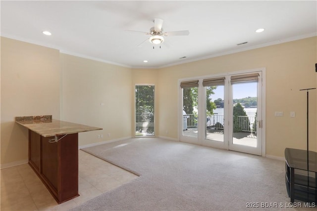 5482 Stoneledge Cir, Osage Beach, MO 65065 - spare room with ceiling fan, baseboards, light colored carpet, recessed lighting, and ornamental molding