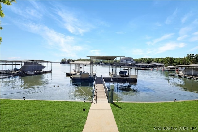 5482 Stoneledge Cir, Osage Beach, MO 65065 - dock with a yard, boat lift, and a water view