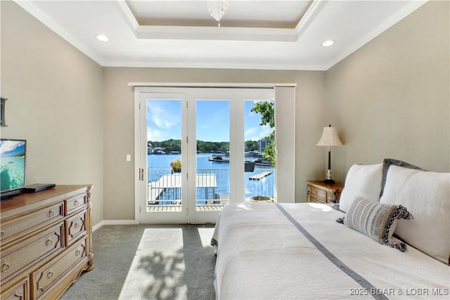 5482 Stoneledge Cir, Osage Beach, MO 65065 - bedroom featuring access to outside, a raised ceiling, carpet floors, a water view, and ornamental molding