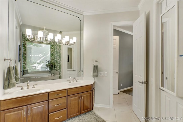 5482 Stoneledge Cir, Osage Beach, MO 65065 - full bath with a chandelier, ornamental molding, tile patterned floors, double vanity, and baseboards