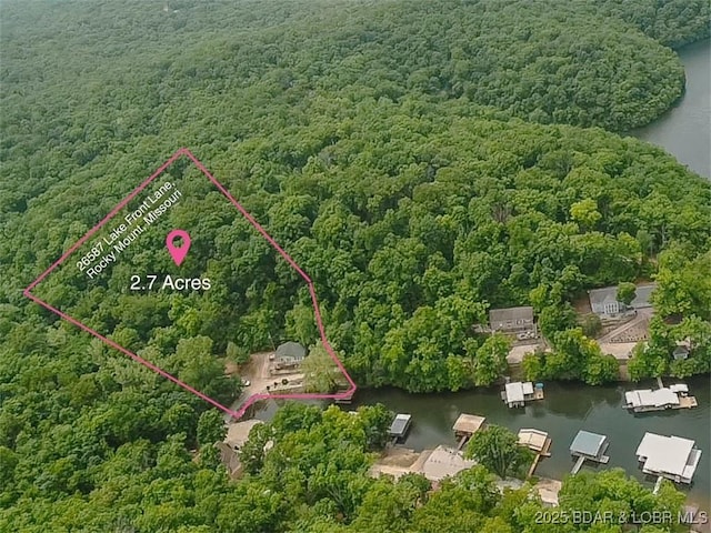 26587 Lake Front Ln, Rocky Mount, MO 65072 - aerial view of property and surrounding area with a forest, a nearby body of water, and property boundaries highlighted