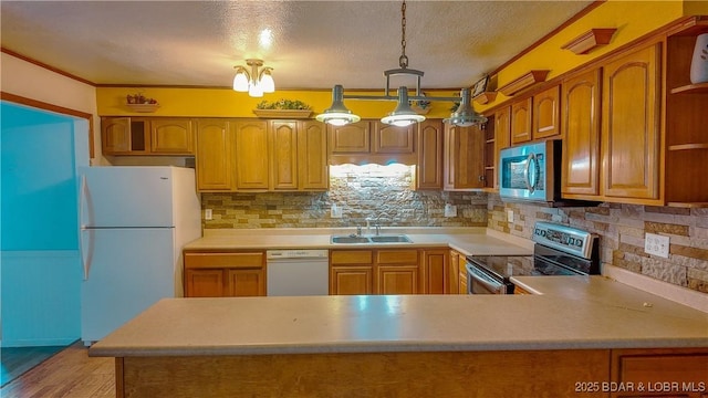 26587 Lake Front Ln, Rocky Mount, MO 65072 - kitchen featuring stainless steel appliances, open shelves, a sink, backsplash, and a textured ceiling