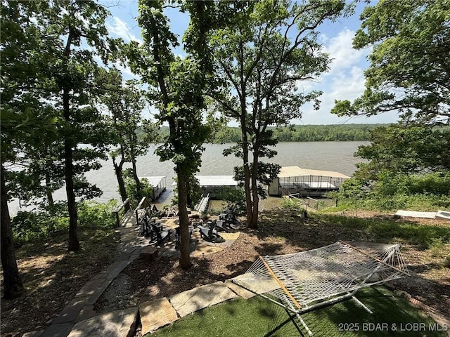 23848 Bill Bryant Dr, Warsaw, MO 65355 - view of yard featuring a water view and an outdoor fire pit