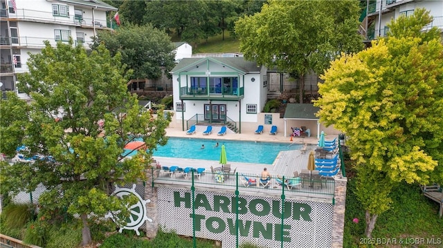 view from above of property with a pool